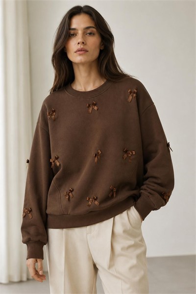 Kahverengi Kurdele Detaylı Şardonlu Sweatshirt