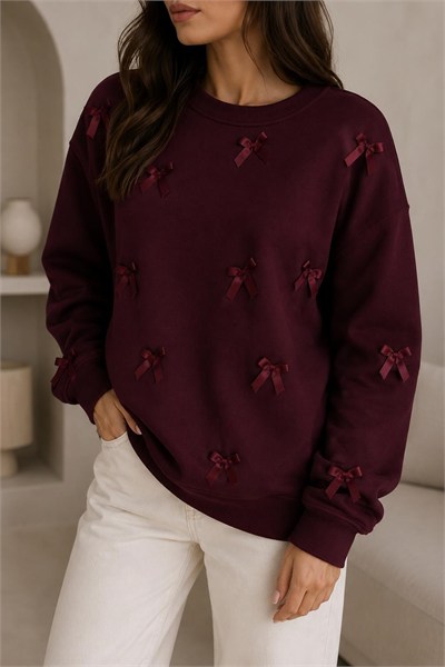 Mürdüm Kurdele Detaylı Şardonlu Sweatshirt