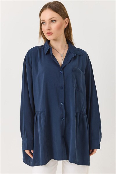 Lacivert Oversize Fırfırlı Tunik Gömlek