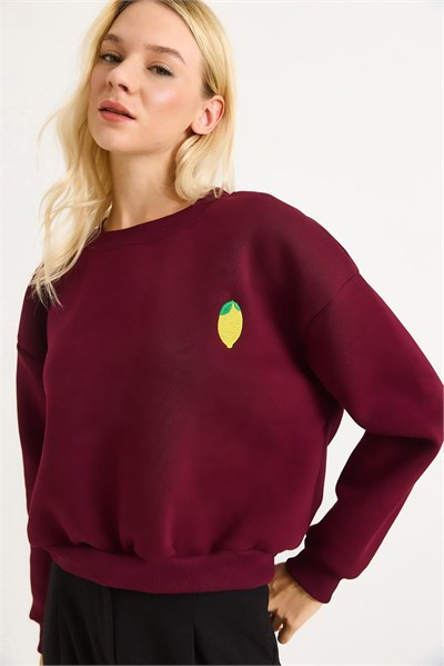 Bordo Limon Nakışlı Sweatshirt
