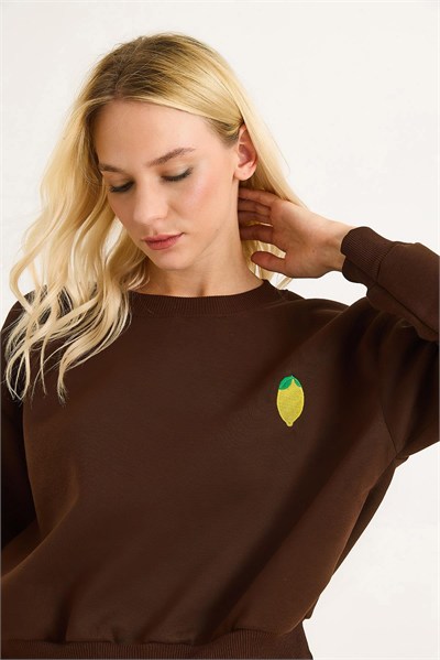 Kahverengi Limon Nakışlı Sweatshirt