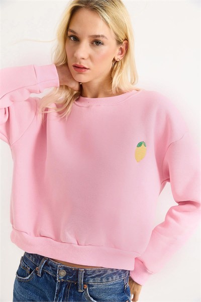 Pembe Limon Nakışlı Sweatshirt
