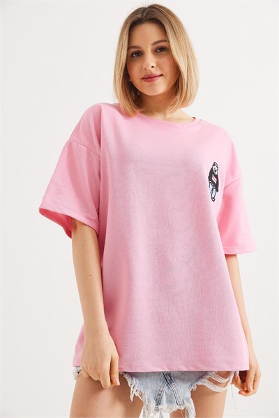 Pembe Nakışlı Bisiklet Yaka Tişört