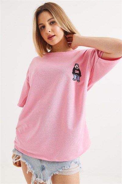 Pembe Nakışlı Bisiklet Yaka Tişört