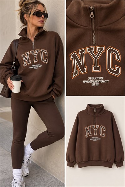 Kahverengi Nakışlı Fermuarlı Oversize Sweatshirt