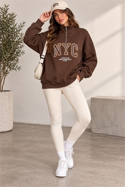 Kahverengi Nakışlı Fermuarlı Oversize Sweatshirt