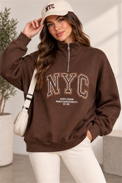 Kahverengi Nakışlı Fermuarlı Oversize Sweatshirt