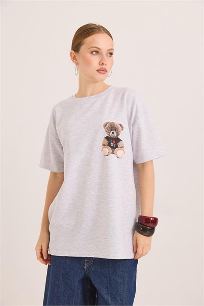 Gri Baskılı Oversize Örme Tişört