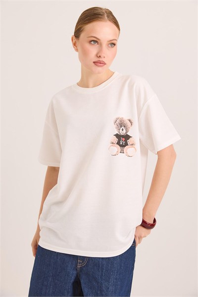 Ekru Baskılı Oversize Örme Tişört