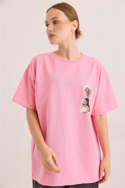 Pembe Baskılı Oversize Örme Tişört