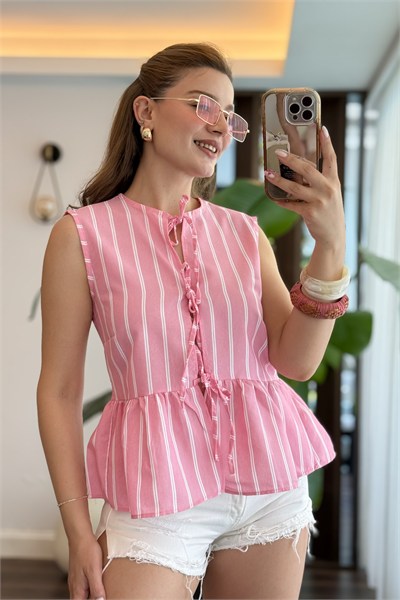 Pembe Bağlamalı Kolsuz Dokuma Bluz