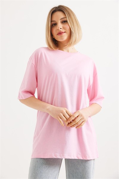 Pembe Oversize Bisiklet Yaka Tişört
