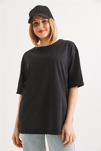 Siyah Oversize Bisiklet Yaka Tişört