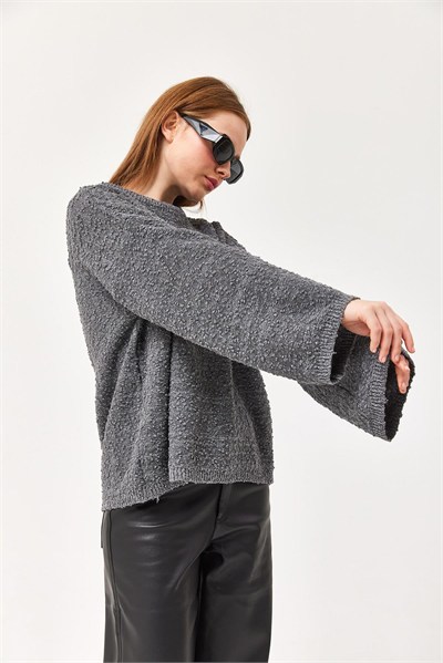 Füme Oversize Dökümlü Triko Kazak