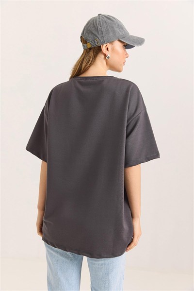 Antrasit Brooklyn Baskılı Oversize Tişört