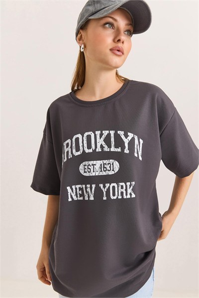 Antrasit Brooklyn Baskılı Oversize Tişört