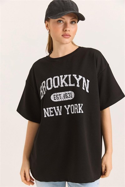 Siyah Brooklyn Baskılı Oversize Tişört