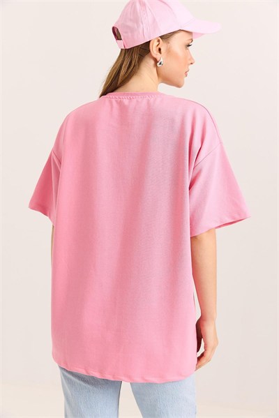 Pembe Brooklyn Baskılı Oversize Tişört