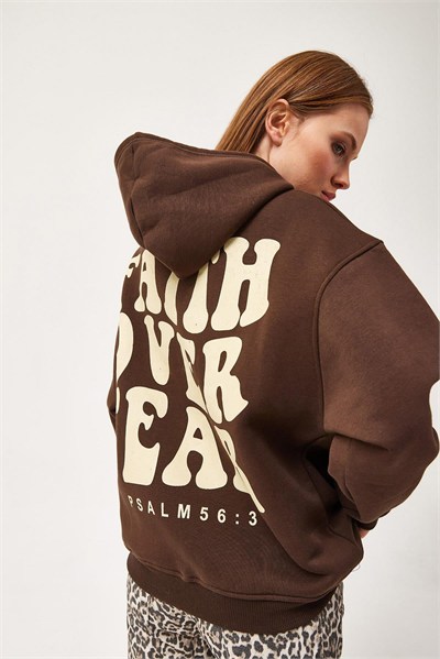 Kahverengi Baskılı Oversize Kapüşonlu Sweatshirt