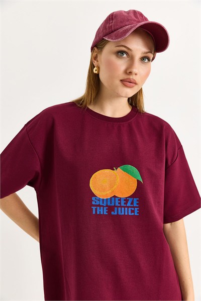 Bordo Baskılı Oversize Tişört
