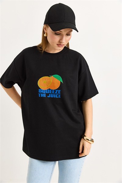 Siyah Baskılı Oversize Tişört