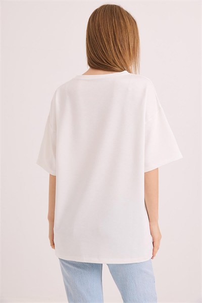 Ekru Oversize Pamuklu Tişört