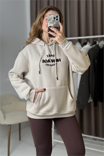 Bej Oversize Kanguru Cepli Sweatshirt