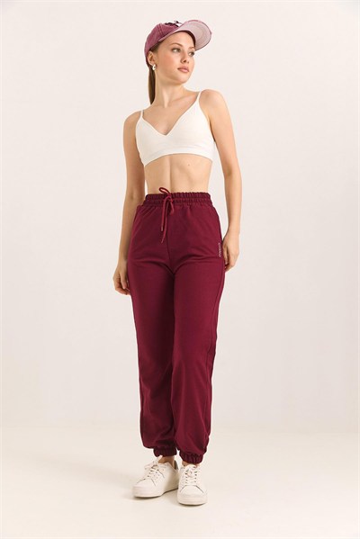 Bordo Beli Lastikli Eşofman Pantolon