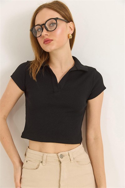 Siyah Polo Yaka Kaşkorse Bluz