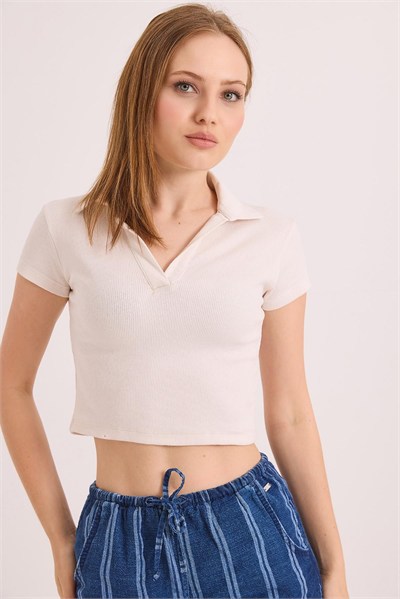 Ekru Polo Yaka Kaşkorse Bluz