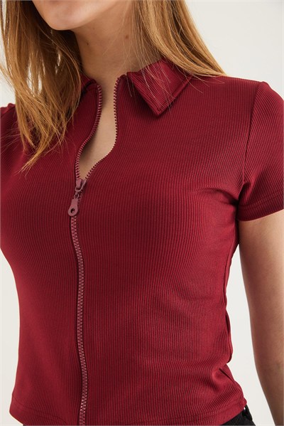 Bordo Fermuarlı Kaşkorse Bluz