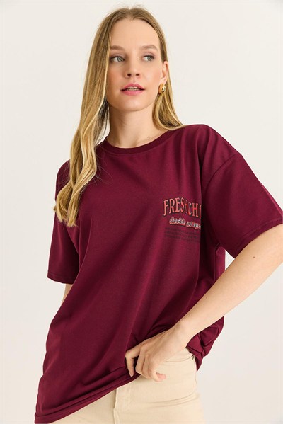 Bordo Rahat Kesim Baskılı Tişört