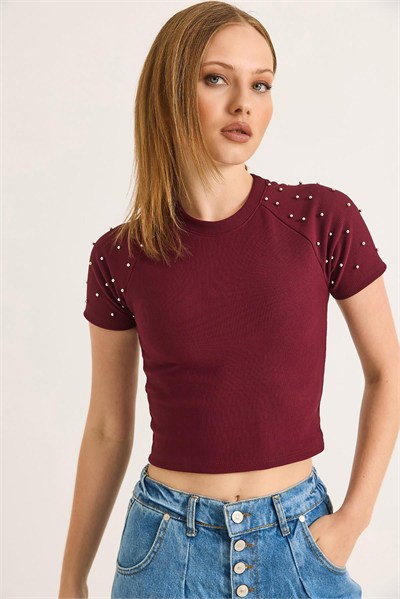 Bordo Taş Detaylı Crop Bluz