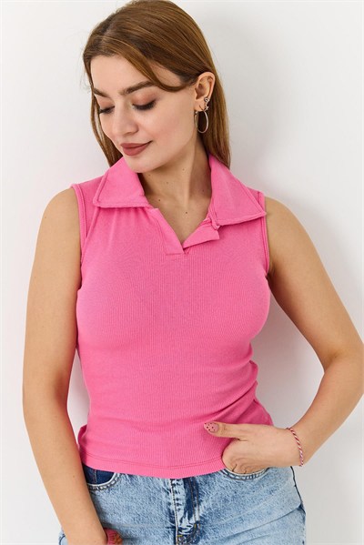 Pembe Polo Yaka Kaşkorse Bluz
