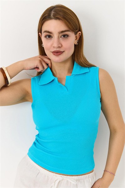 Mavi Polo Yaka Kaşkorse Bluz
