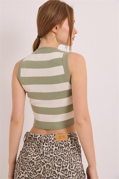 Haki Çizgili Triko Crop Bluz