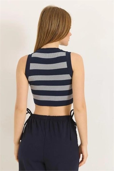 Lacivert Çizgili Triko Crop Bluz