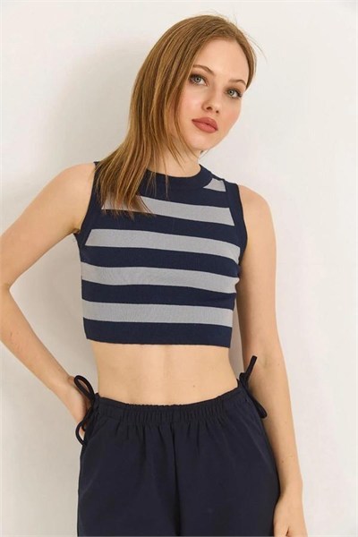 Lacivert Çizgili Triko Crop Bluz