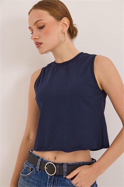 Lacivert Sıfır Kol Crop Tişört