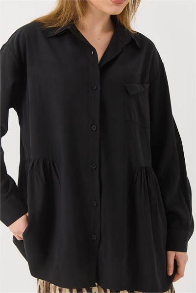 Siyah Oversize Fırfırlı Tunik Gömlek