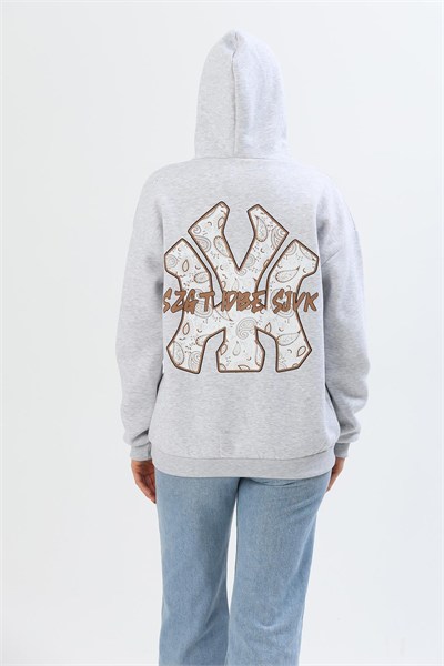 Gri Baskılı Kapüşonlu Sweatshirt