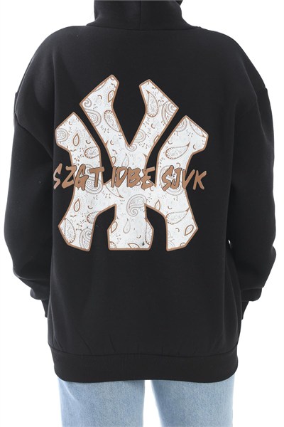 Siyah Baskılı Kapüşonlu Sweatshirt