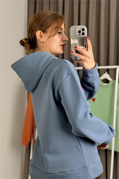 İndigo Kalp Nakışlı Kapüşonlu Sweatshirt
