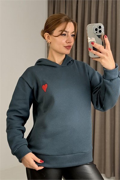 İndigo Kalp Nakışlı Kapüşonlu Sweatshirt