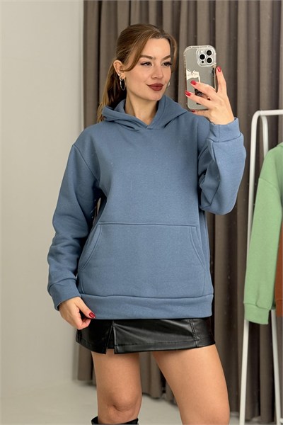 İndigo Kanguru Cepli Kapüşonlu Sweatshirt