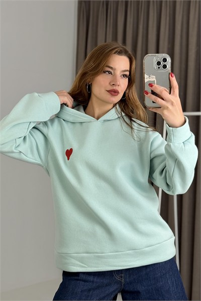 Mavi Kalp Nakışlı Kapüşonlu Sweatshirt