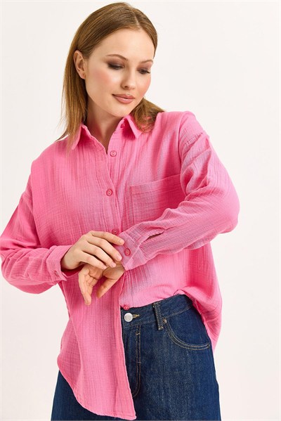 Pembe Oversize Uzun Kollu Gömlek