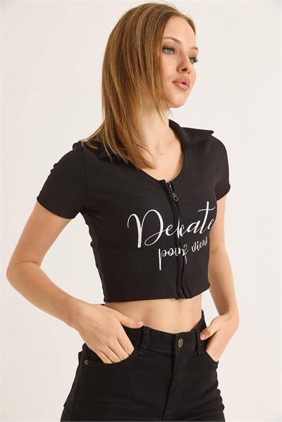 Siyah Baskılı Fermuarlı Crop Bluz
