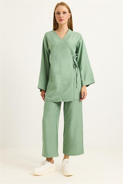 Yeşil Bağlamalı Kimono Pantolon Takım