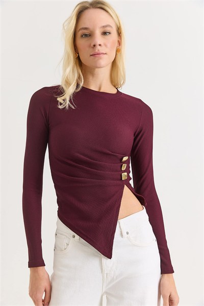 Bordo Tokalı Yırtmaçlı Fitilli Bluz